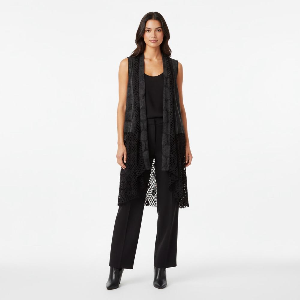 Red Coral Dark Boho Long Knit Cardigan Vest Macrame Lace Hem Size OS Charcoal